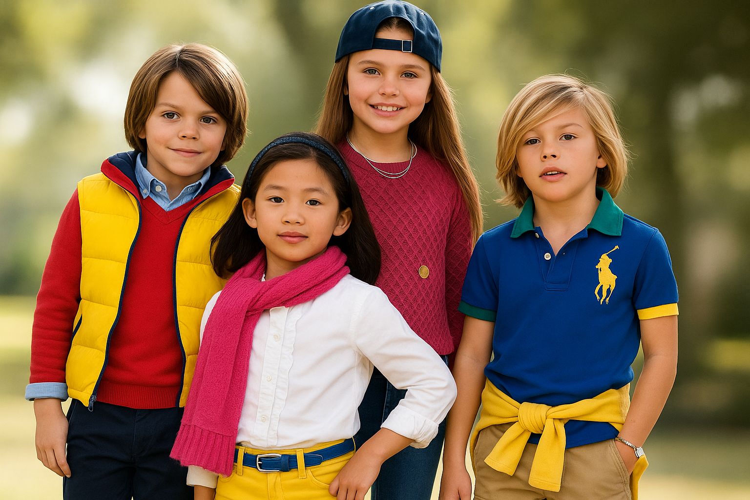 Twee lachende kinderen in kleurrijke Polo Ralph Lauren kleding voor de zomer.